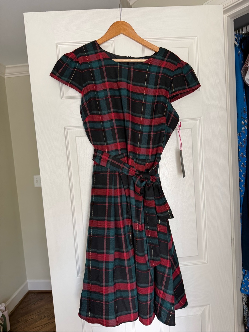 Gibson Red & Green Plaid Fit-and-Flare Dress with Waist Tie